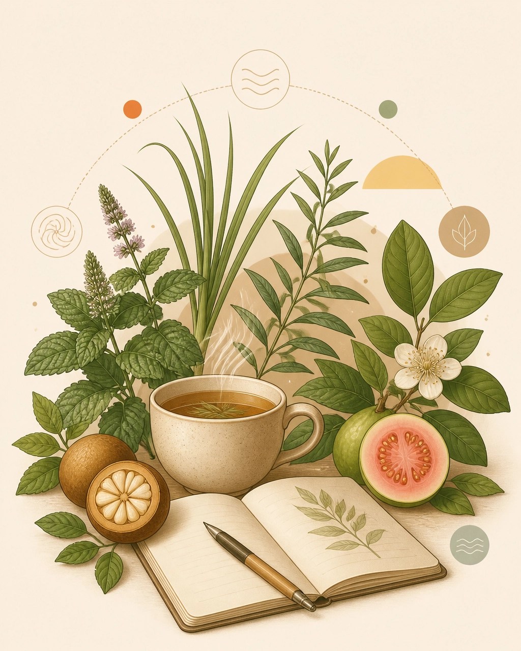 Ilustración botánica de plantas de uso tradicional colombiano alrededor de una taza de infusión