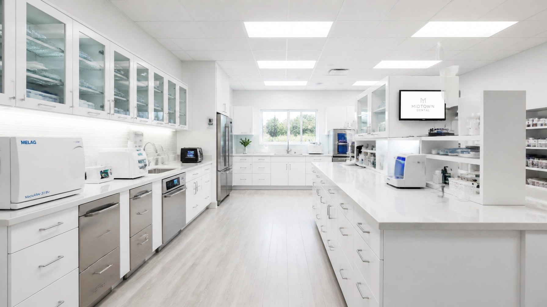 A panoramic view of a bright and organized dental sterilization lab with white cabinetry and stainless steel equipment under brilliant lighting.
