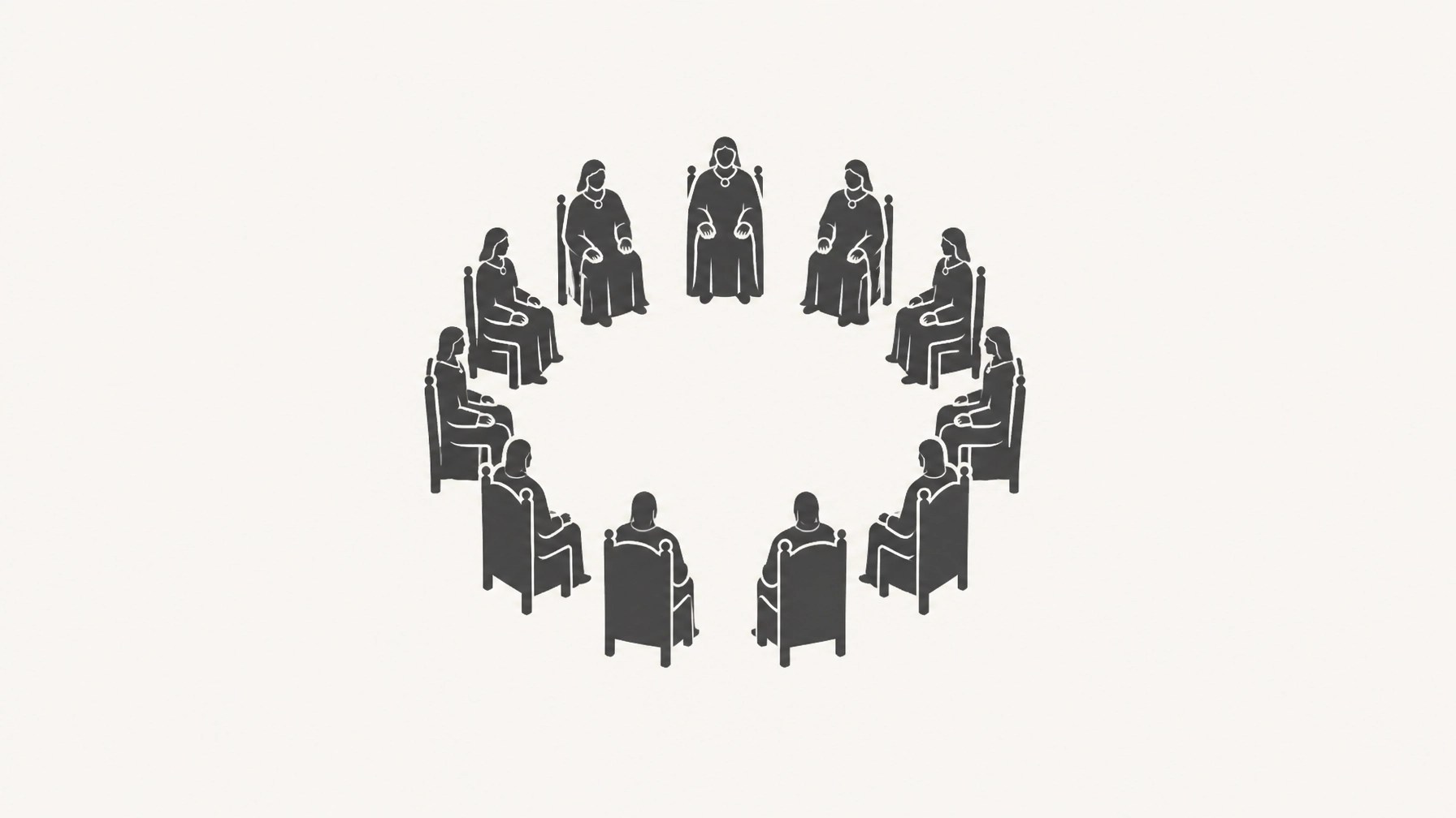 A minimalist, clean graphic depicting a collection of small, identical silhouettes representing a council in a circular arrangement.