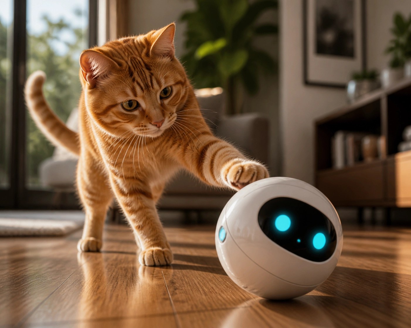 A curious tabby cat interacting with a Tuya Aura AI companion robot for play and monitoring.