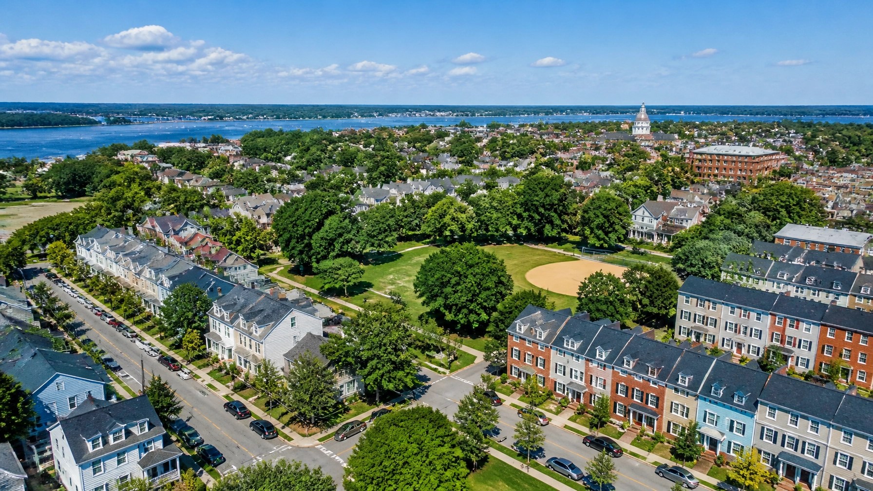 An aerial view of a vibrant Maryland residential neighborhood