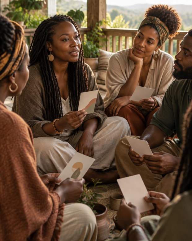 A participant shares a card with the circle; the cards have no visible writing