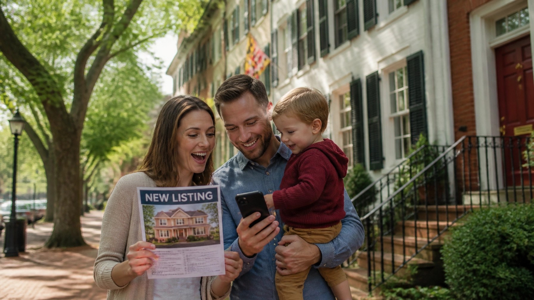 A young family looking at a 'New Listing' flyer in a charming Maryland neighborhood