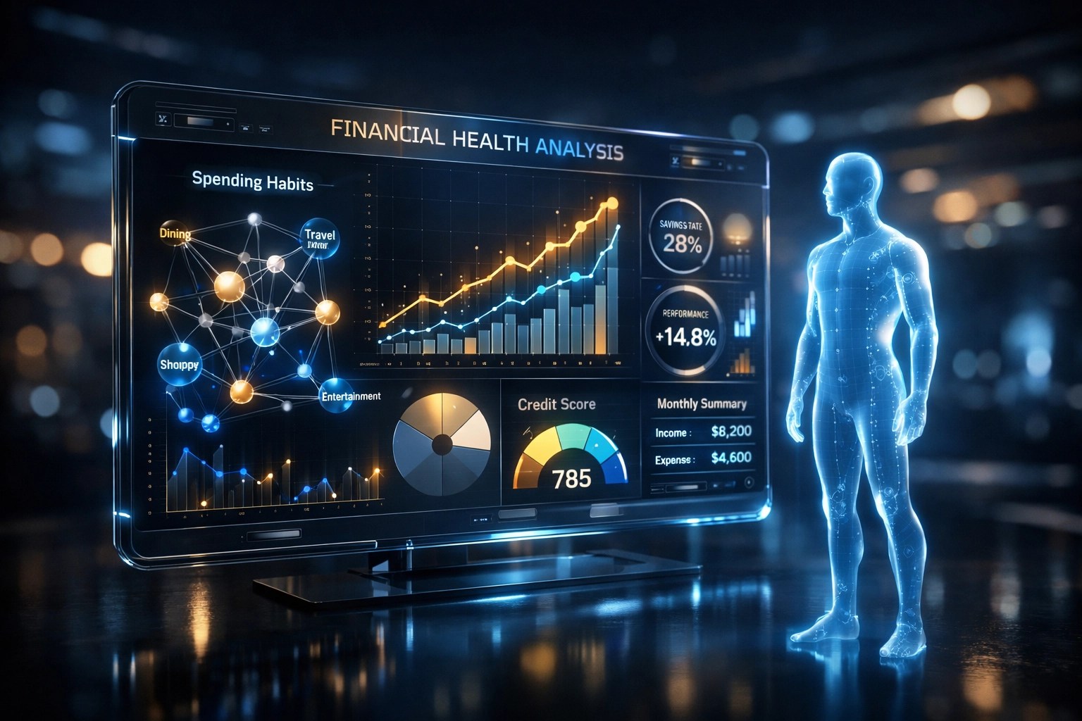 Digital dashboard showing AI credit analysis and financial behavior trends for modern wealth management.
