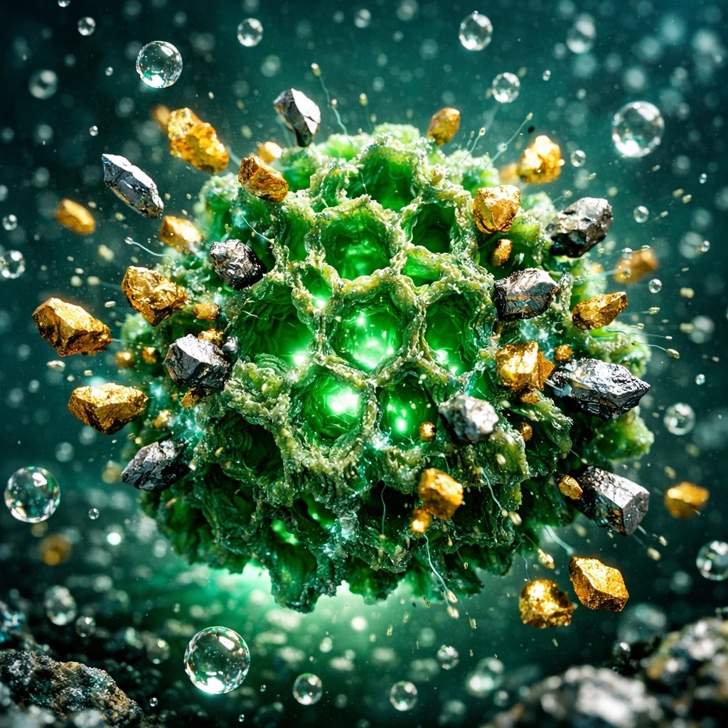 Microscopic view of green illite clay particles trapping toxins for a natural healing clay detox.