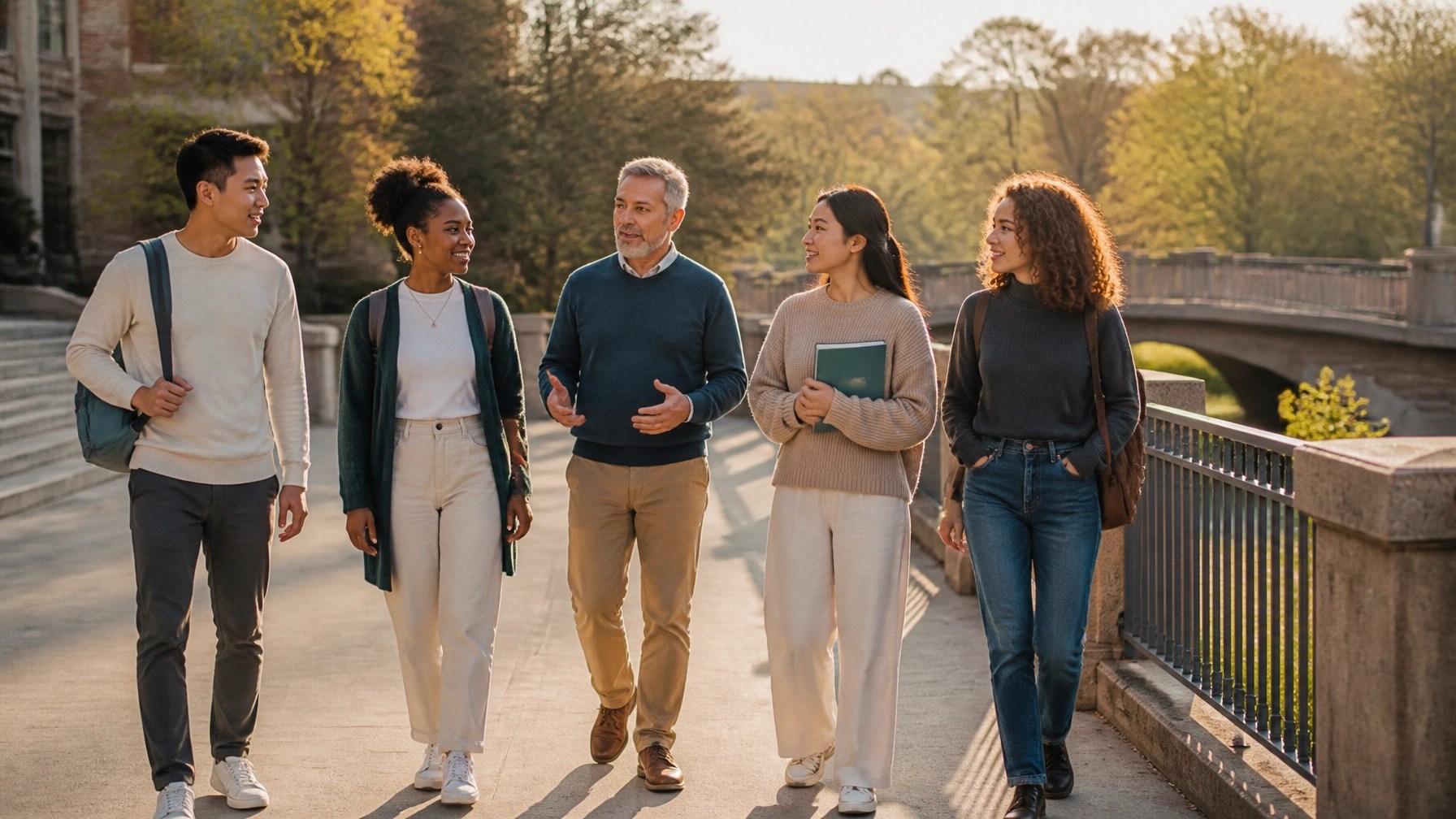 A diverse student and mentor walking along a sunlit campus pathway while discussing career possibilities and purposeful education