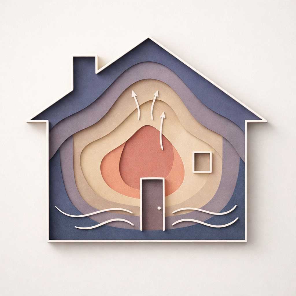 Stylized thermal map of a house silhouette showing energy flow and heat loss zones.