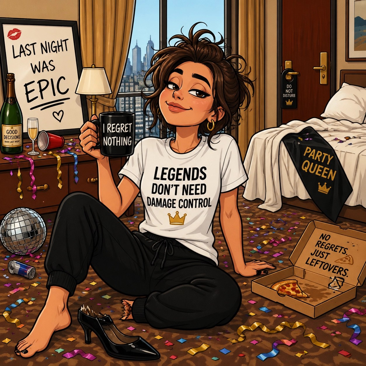 Sassy woman wearing a durable white adult humor shirt after a night out in raunchy bachelorette gear.