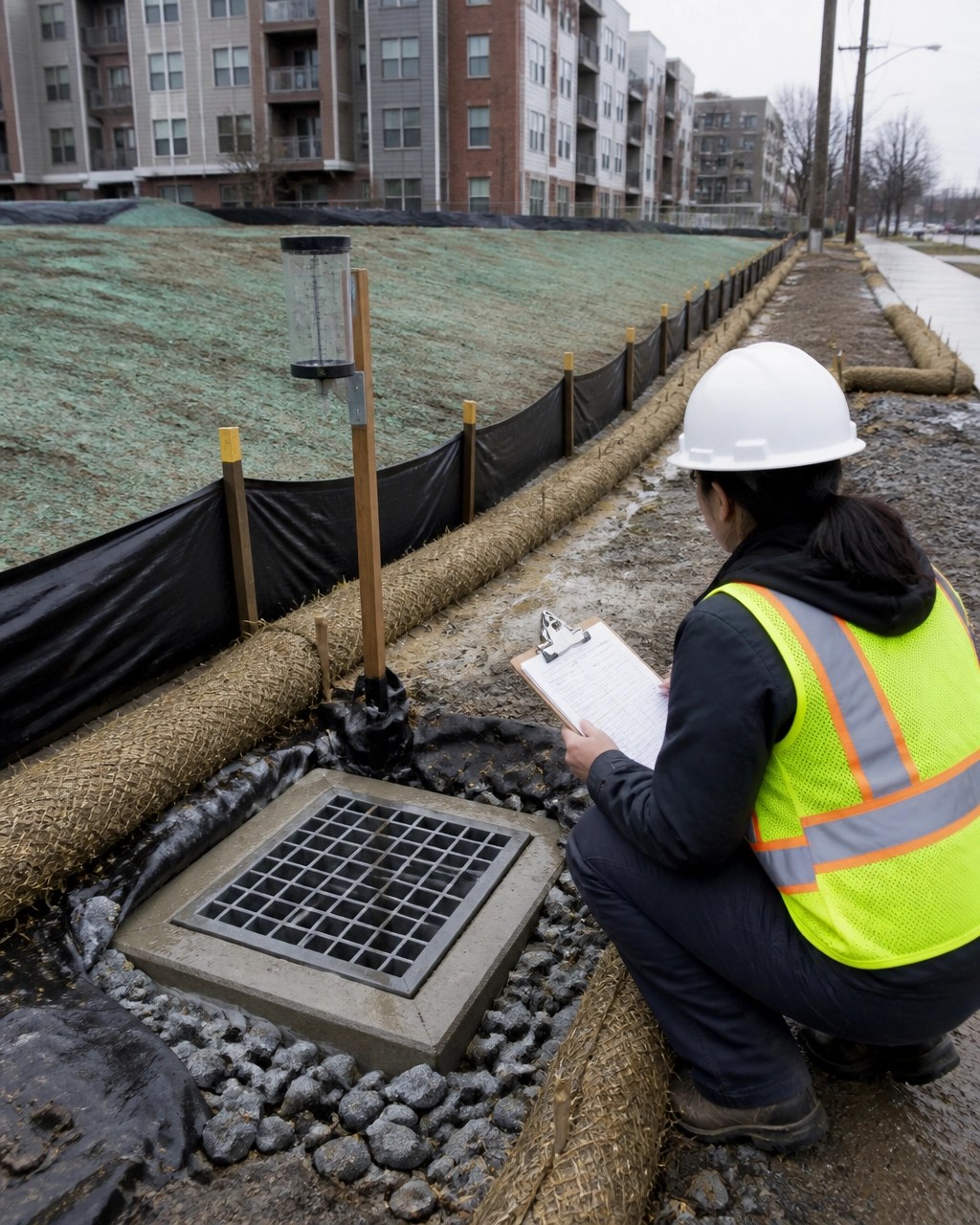 Civil engineer inspecting construction stormwater controls, rain gauge, inlet protection, and stabilized soil at an urban New Jersey project