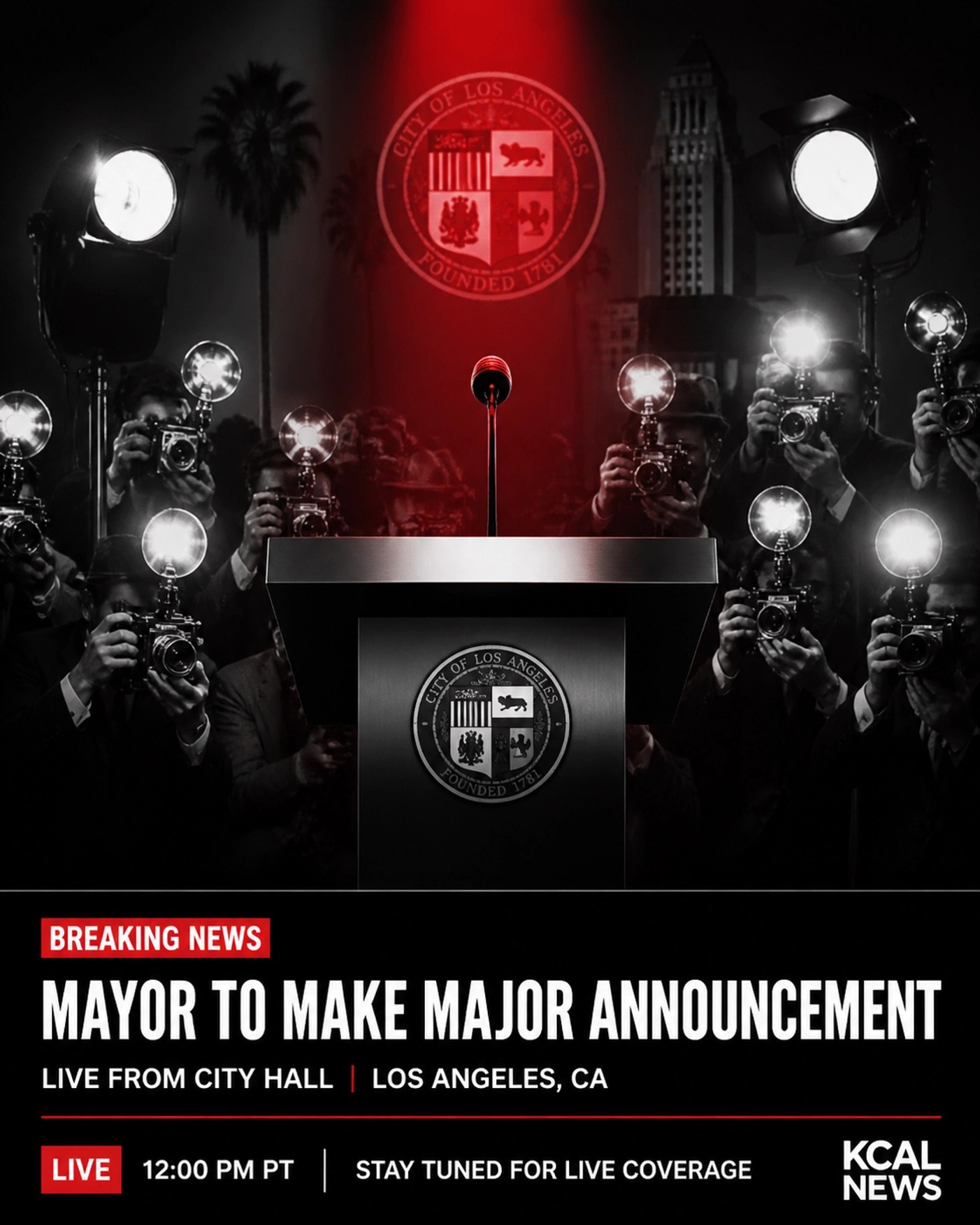 A political podium with paparazzi cameras representing the intersection of Hollywood and LA City Hall politics.