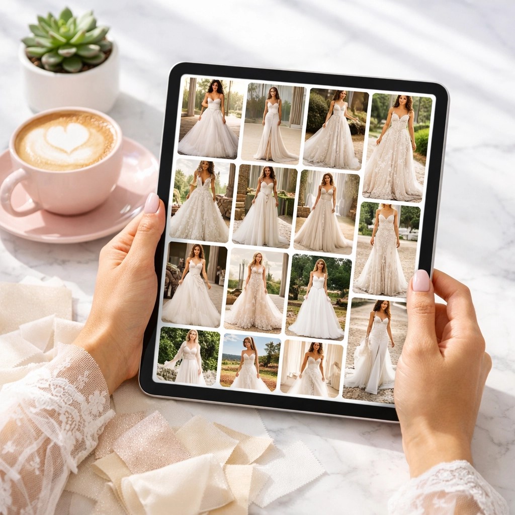 Bride researching wedding dress styles on tablet with fabric swatches