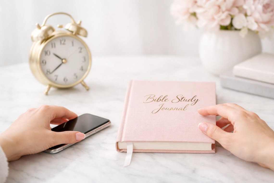 A woman setting aside her phone to reach for her prayer journal and bible study planner to focus on God.