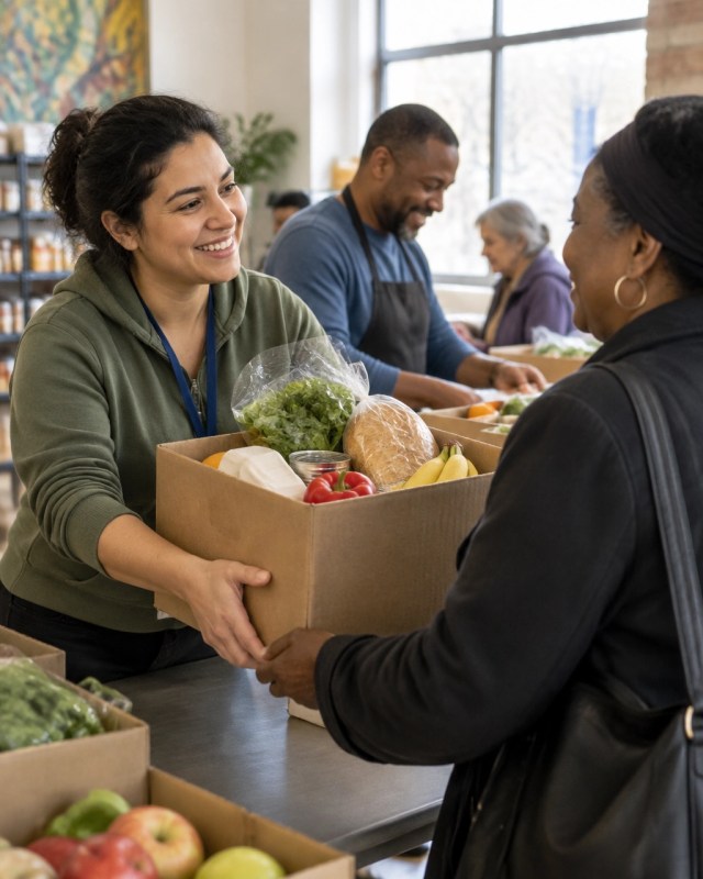 Volunteer handing a packed grocery box to a community member