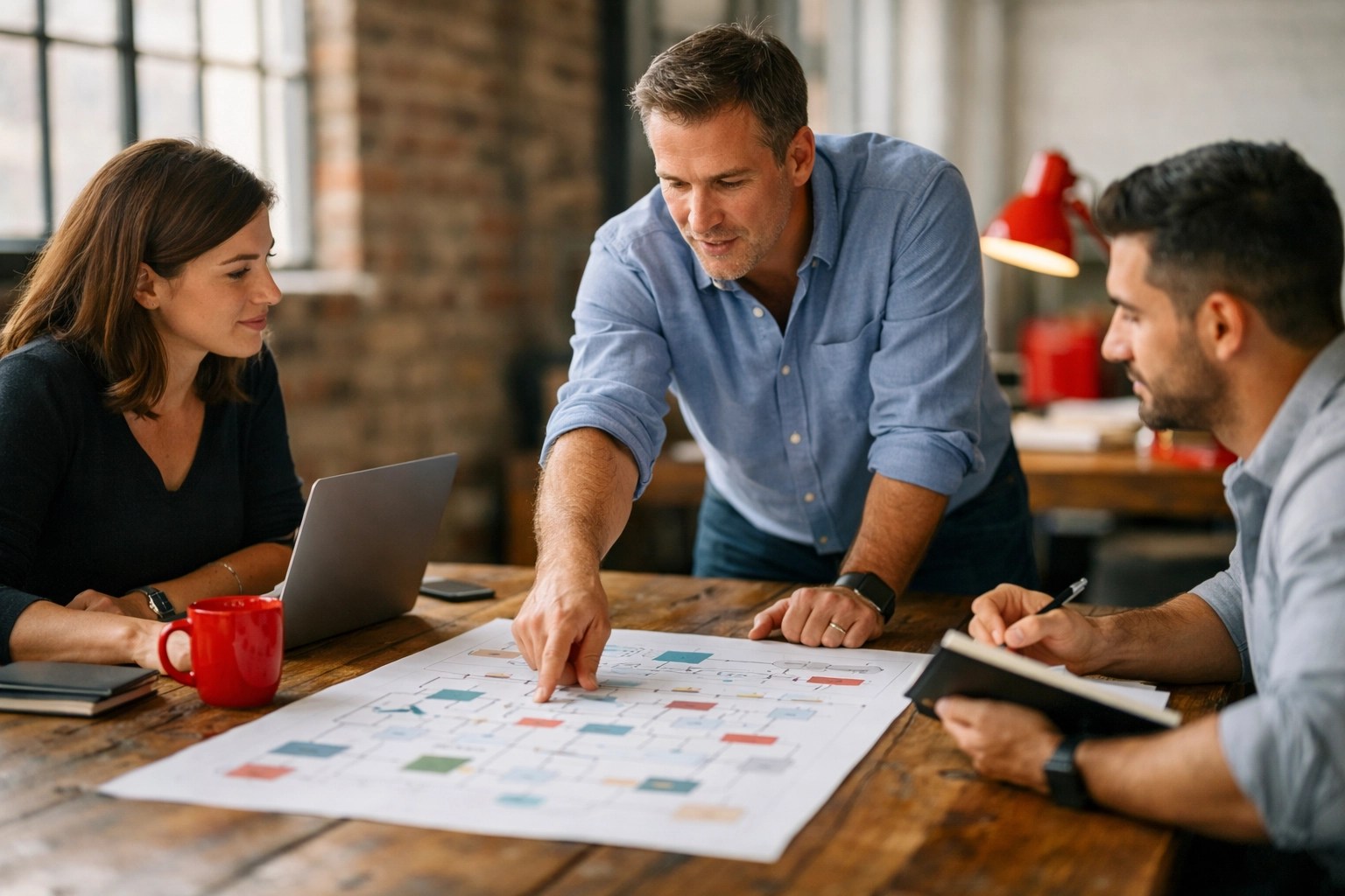 Business leaders reviewing a process workflow diagram to optimize operations and team delegation.