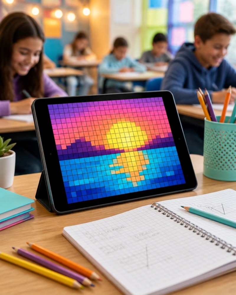 Students working on a self-checking pixel art math activity with instant visual feedback