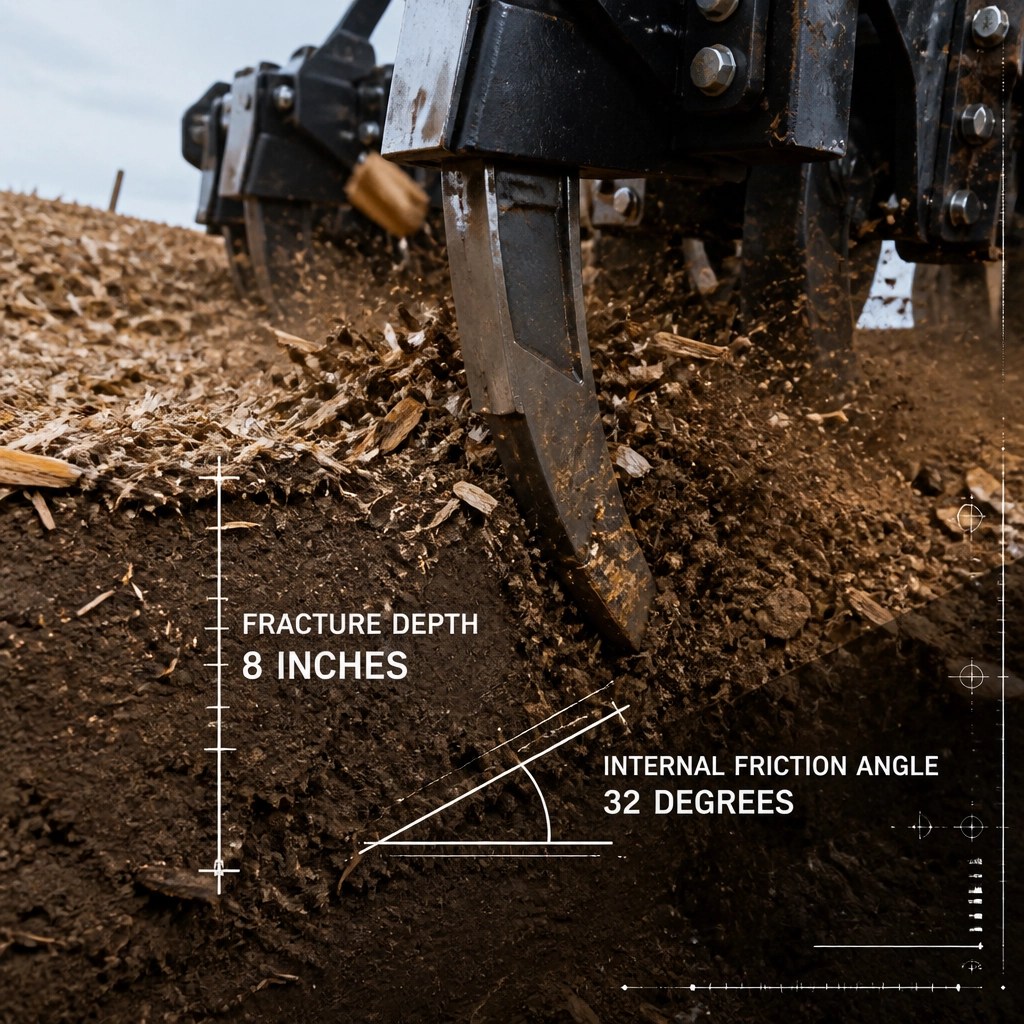 Close-up of a subsoiler attachment performing Aspen's Proprietary Subsoil Restoration Process at an 8-inch depth.