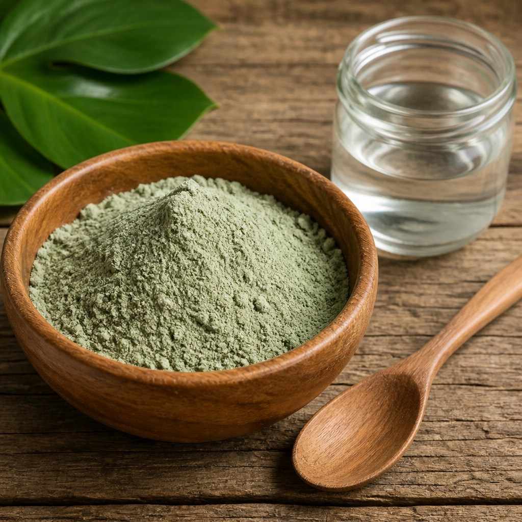 Raw green clay powder in a wooden bowl with natural tools