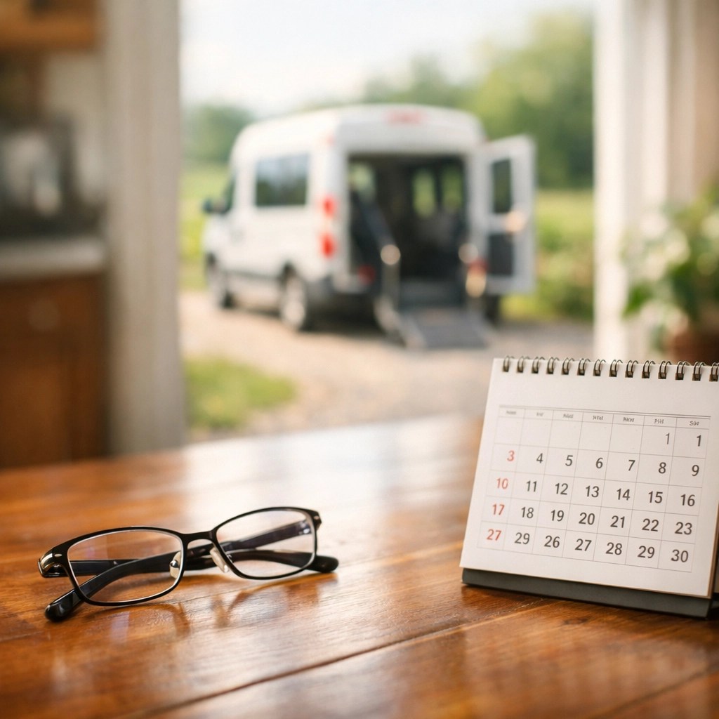 A scheduled medical transport vehicle arriving on time at a patient's rural residence.