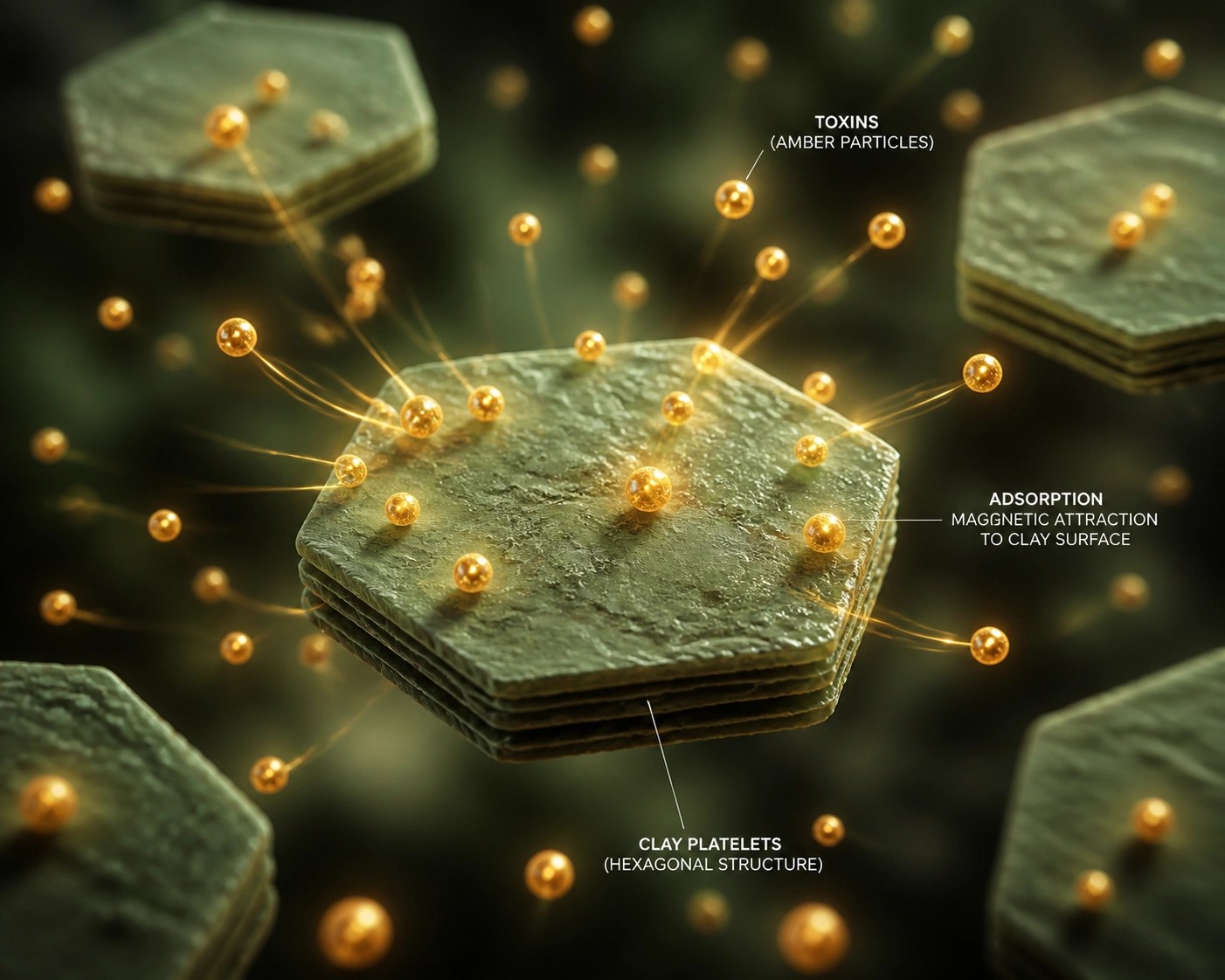 Microscopic green clay particles attracting toxin molecules to illustrate clay detox science and adsorption.