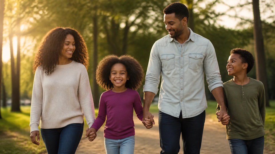 A peaceful and joyful scene of a black family: mother, father, and two children: walking together in a lush park, radiating unity and resilience.