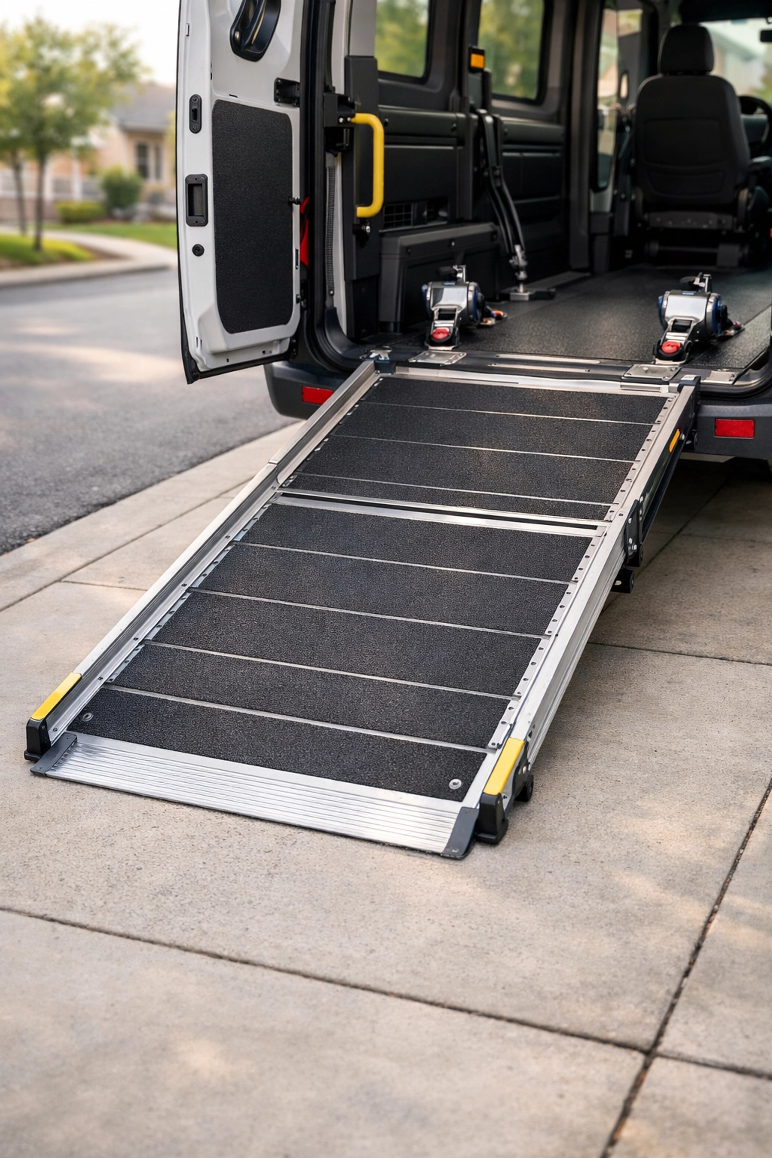 A modern wheelchair-accessible medical transport van with a non-slip ramp extended for safe patient boarding.