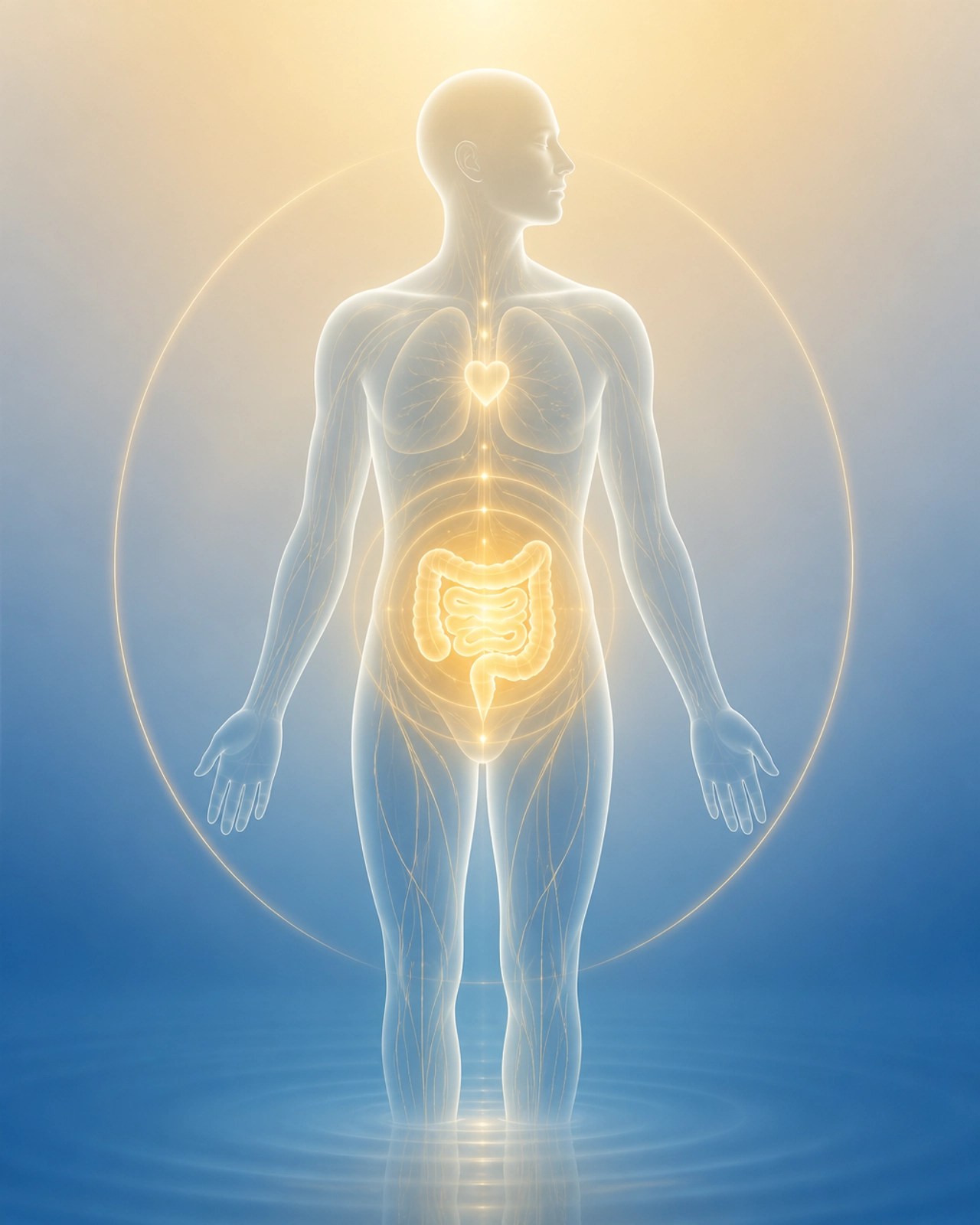 Aspirational image representing systemic health and a glowing gut core