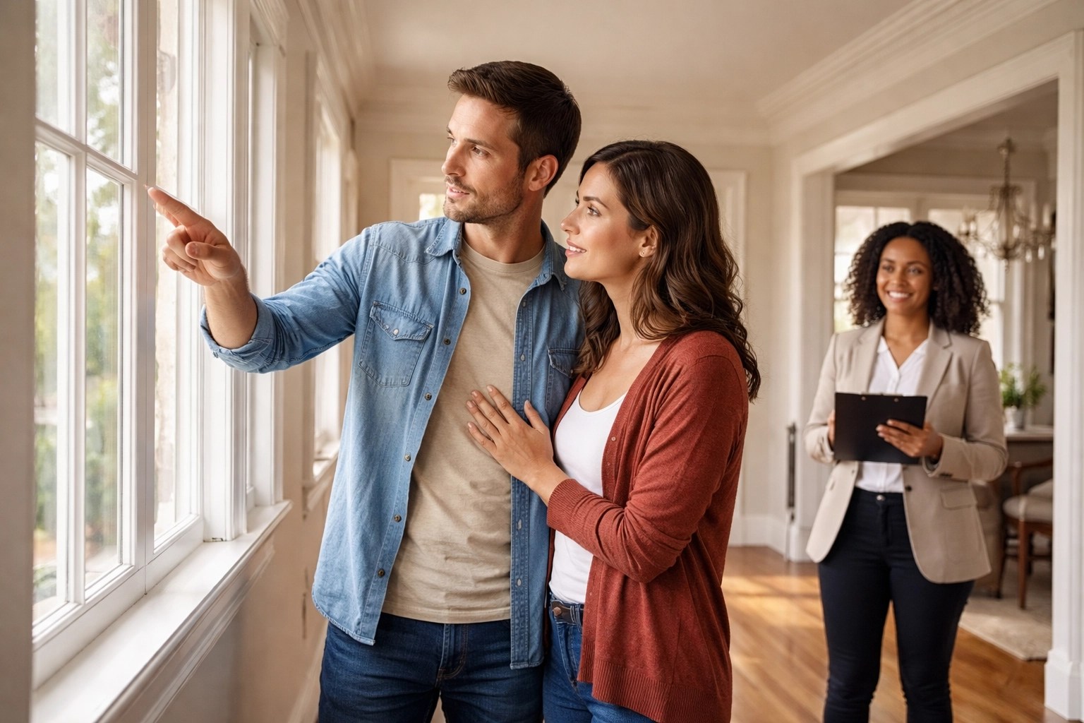 Young couple with agent inspects window frame inside colonial-style NJ home, emphasizing thorough property evaluation