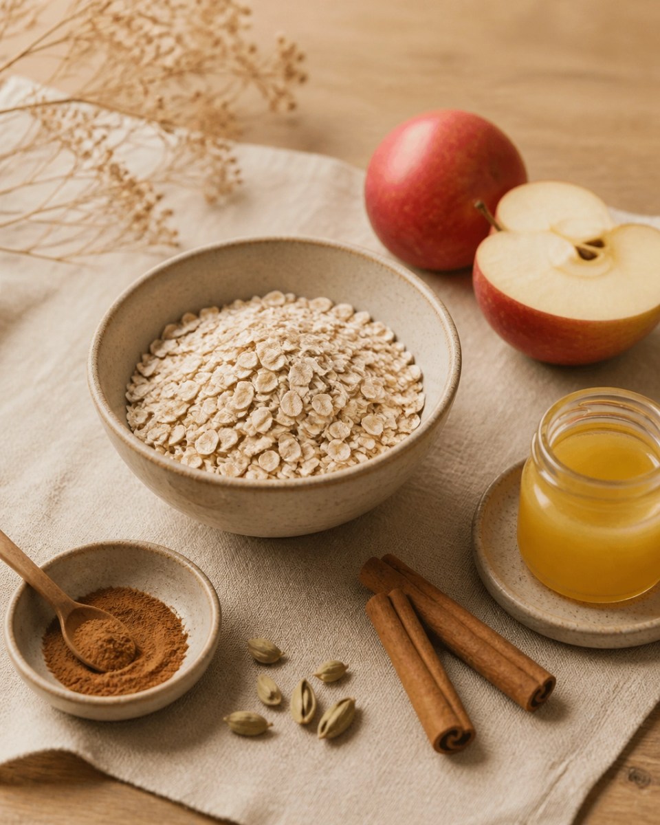 Ingredientes naturales para porridge ayurvédico: avena, manzana, canela, cardamomo y ghee