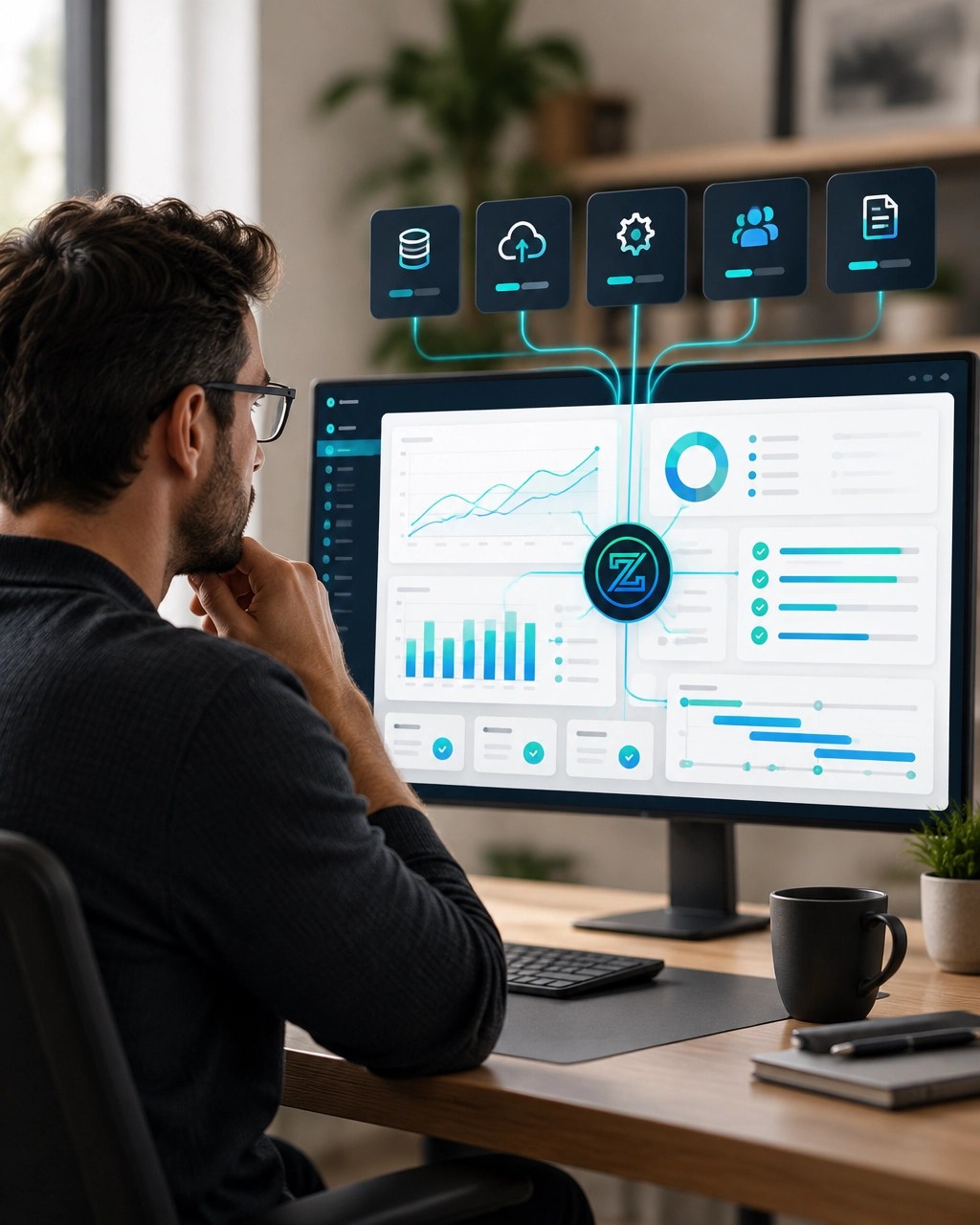 A business operator reviewing a connected workflow dashboard within a calm, data-dense digital environment