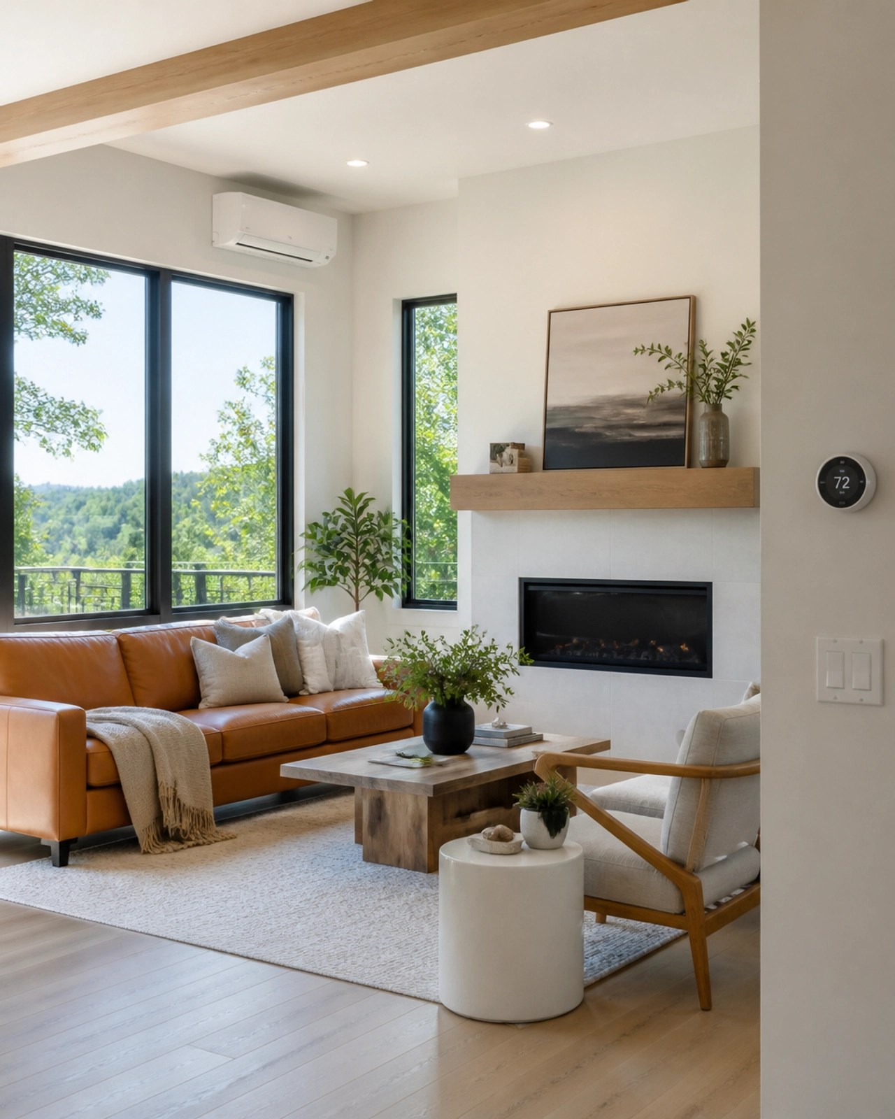 An interior shot of a bright, airy living room with large energy-efficient windows.