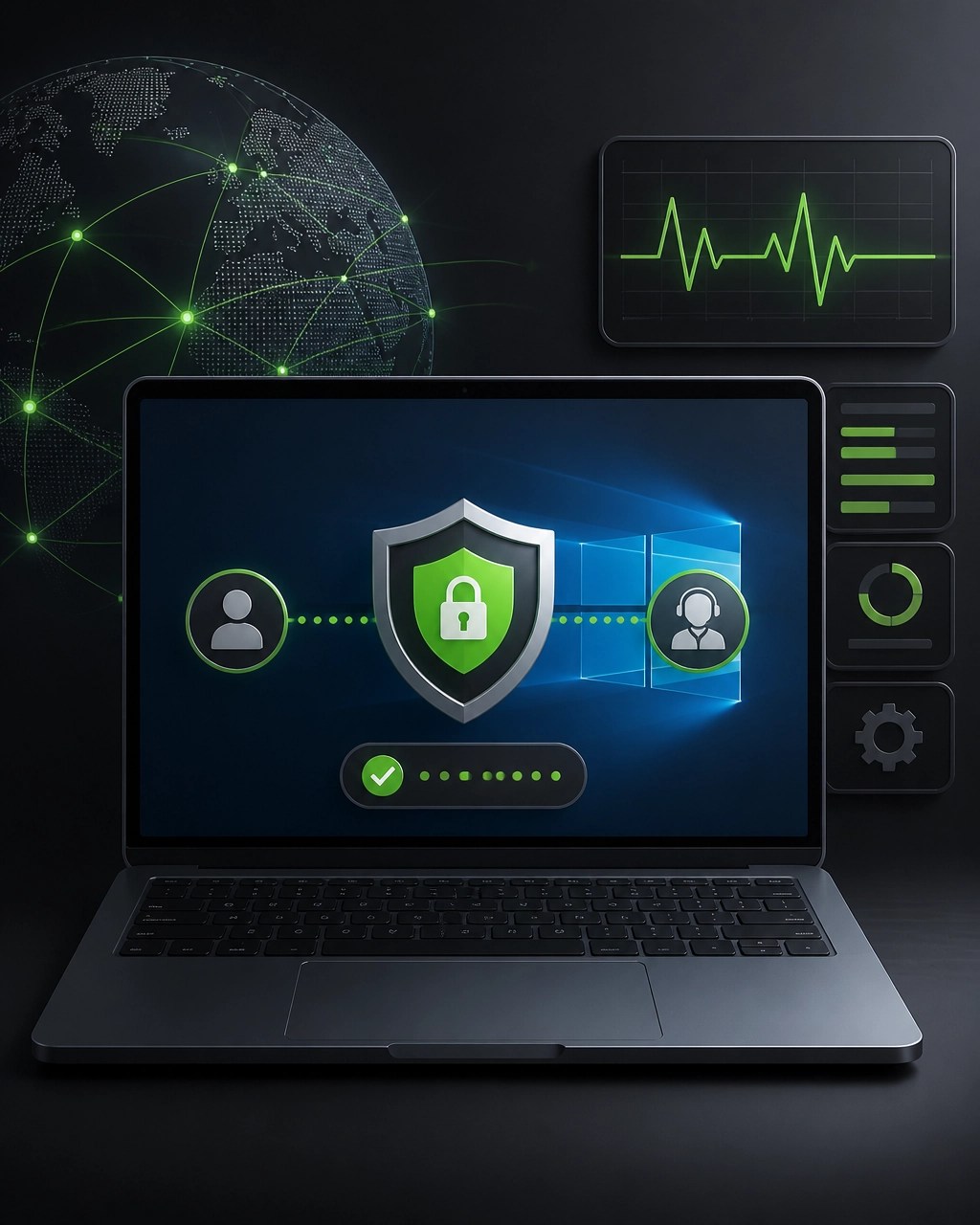 Clean 3D illustration of a laptop receiving secure remote IT assistance with a shield, network nodes, and diagnostic signals