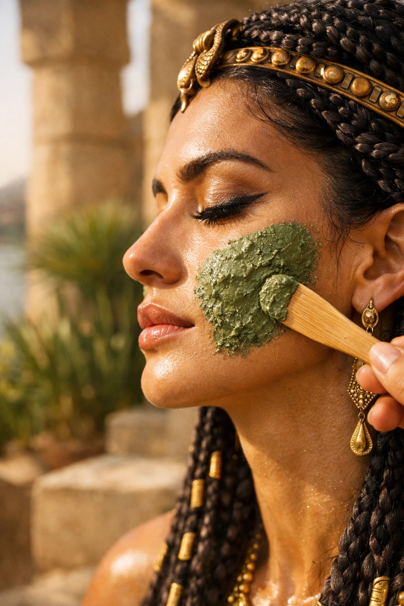 Ancient Egyptian beauty ritual applying a natural green clay mask for skin health and detoxification.