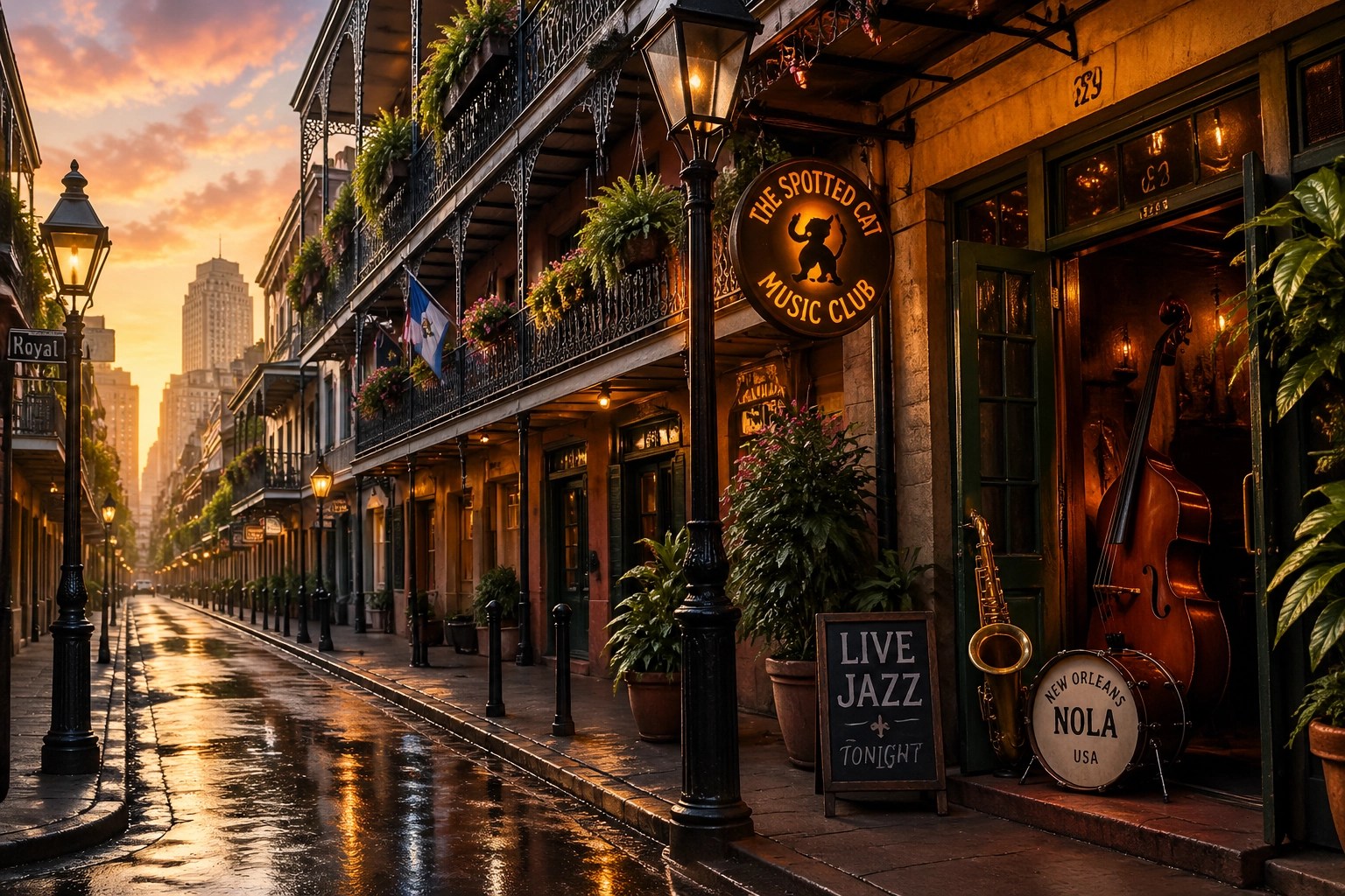 Vibrant New Orleans French Quarter street scene with colorful balconies and jazz atmosphere.