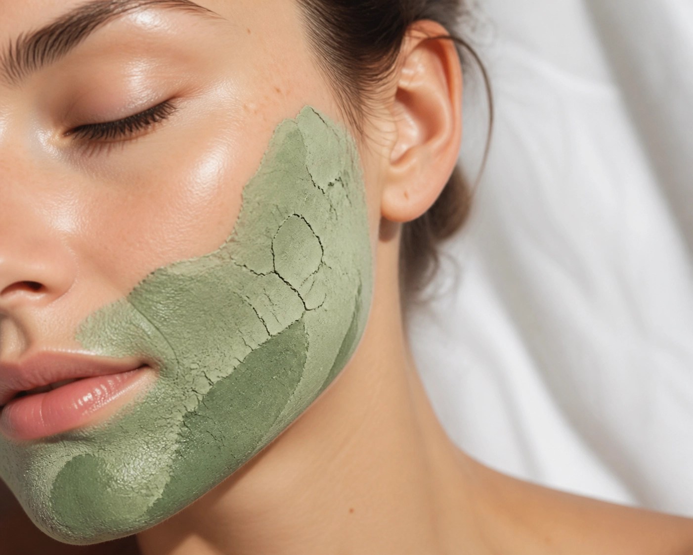 Detoxifying green clay mask applied to a face for antibacterial skin health and a clear glow.