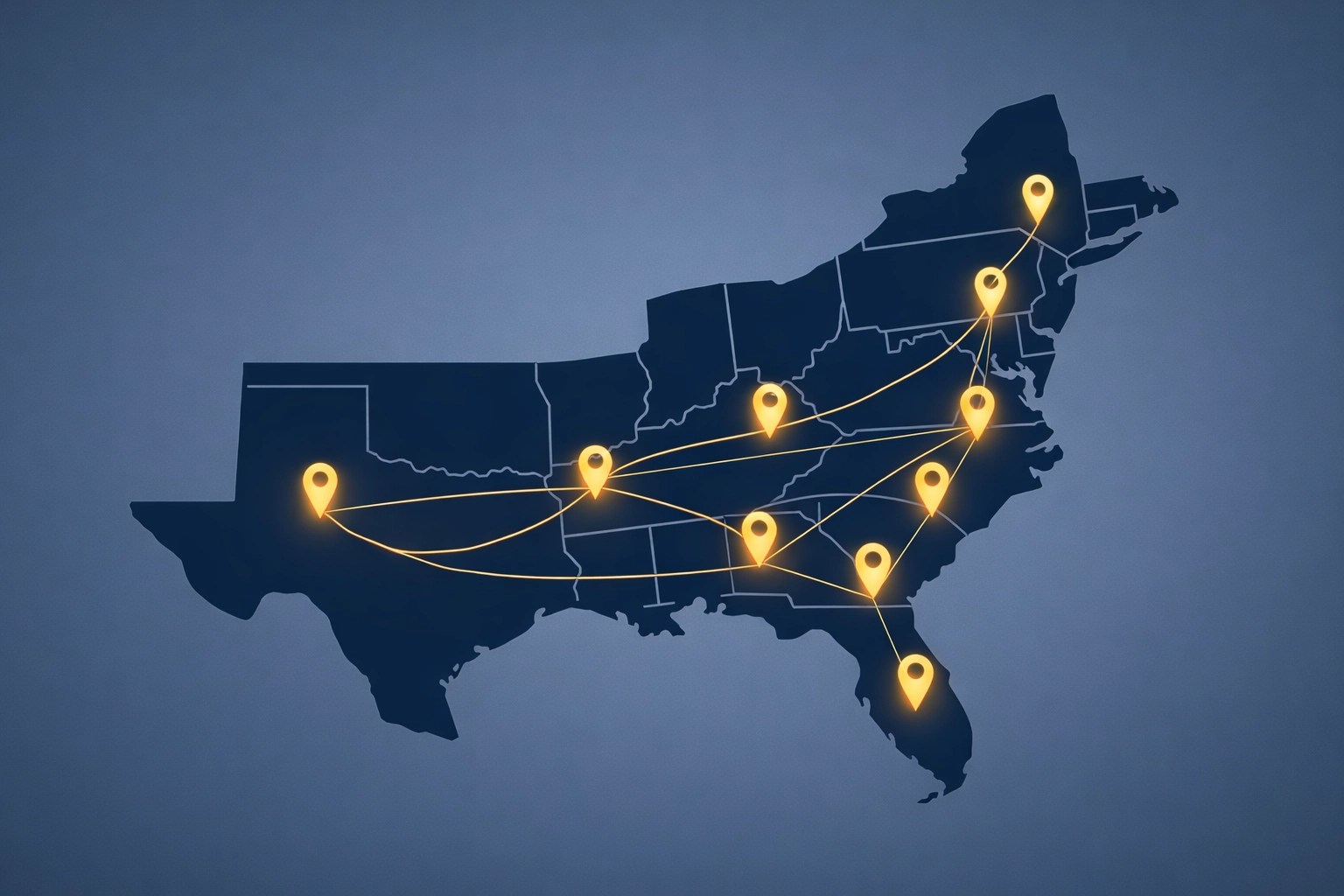 Map showing a broad provider network for dental insurance for seniors in New York, Florida, and Texas.