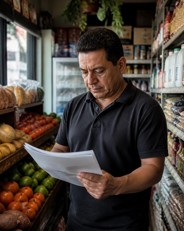 Immigrant-owned New York grocery store owner reviewing legal documents inside a neighborhood bodega