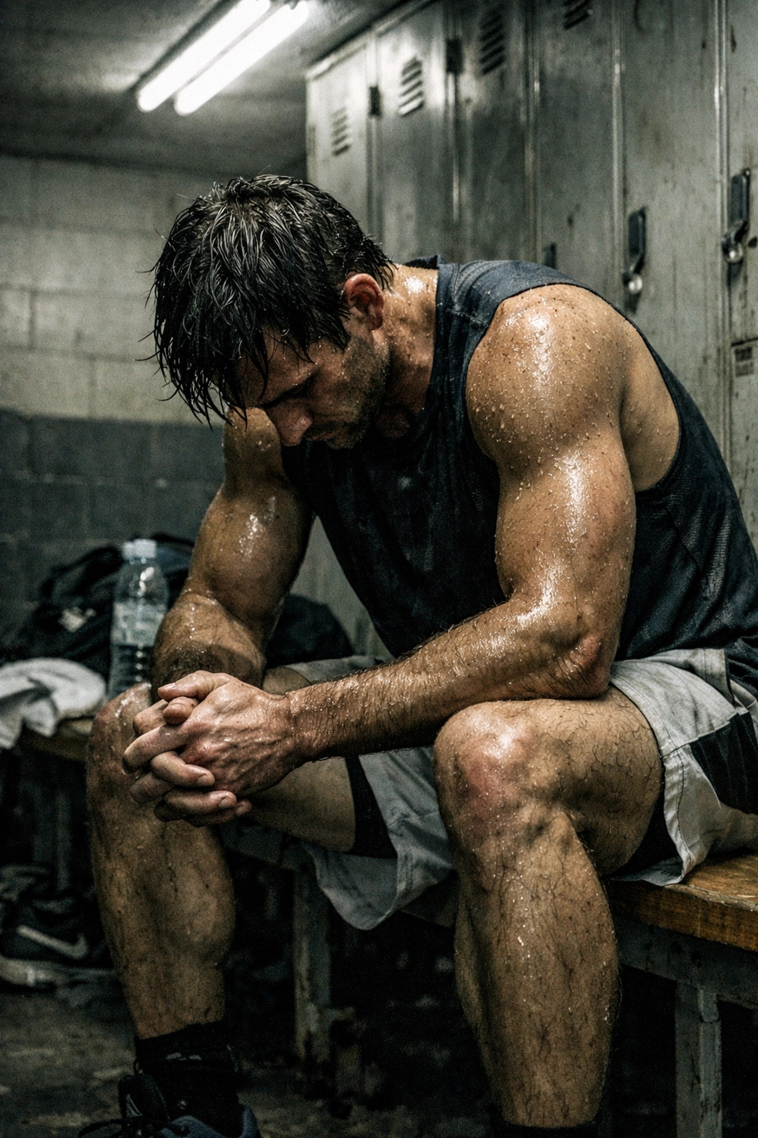 Exhausted athlete on locker room bench after intense workout showing metabolic toll of training