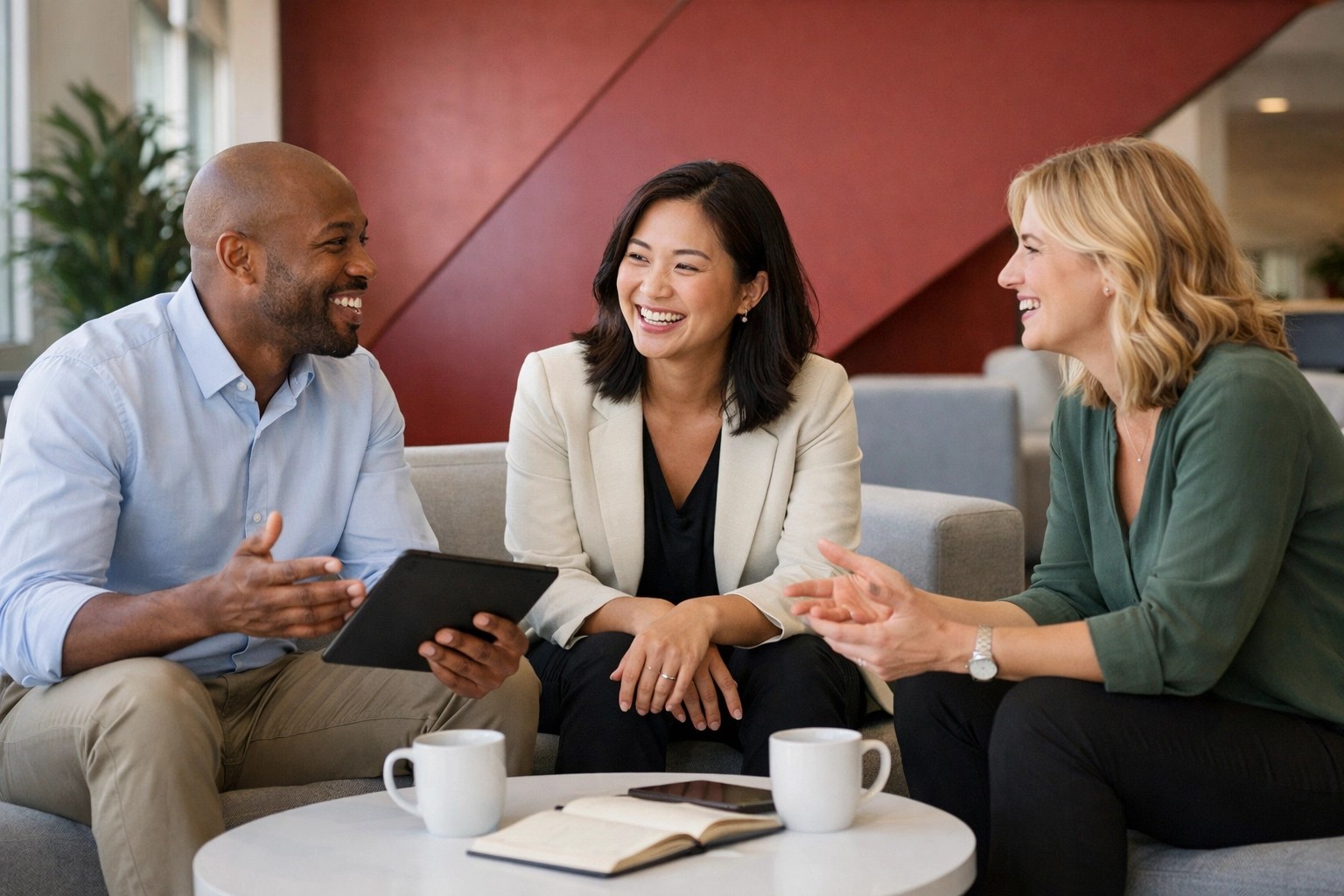 Diverse professional team discussing human-centered management and HR collaboration in a modern office.