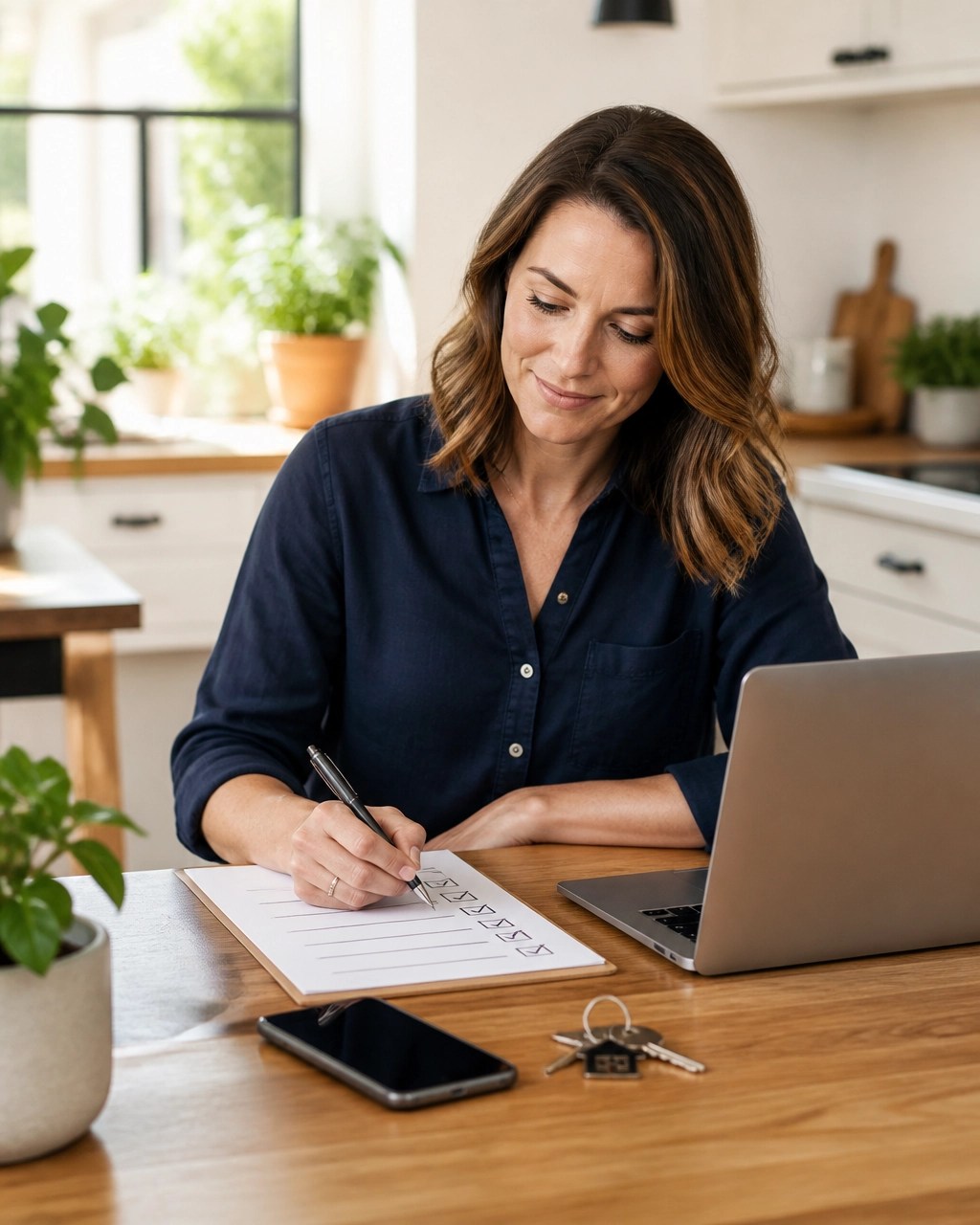 Homeowner organizing mortgage documents beside a laptop, keys, and a simple checklist