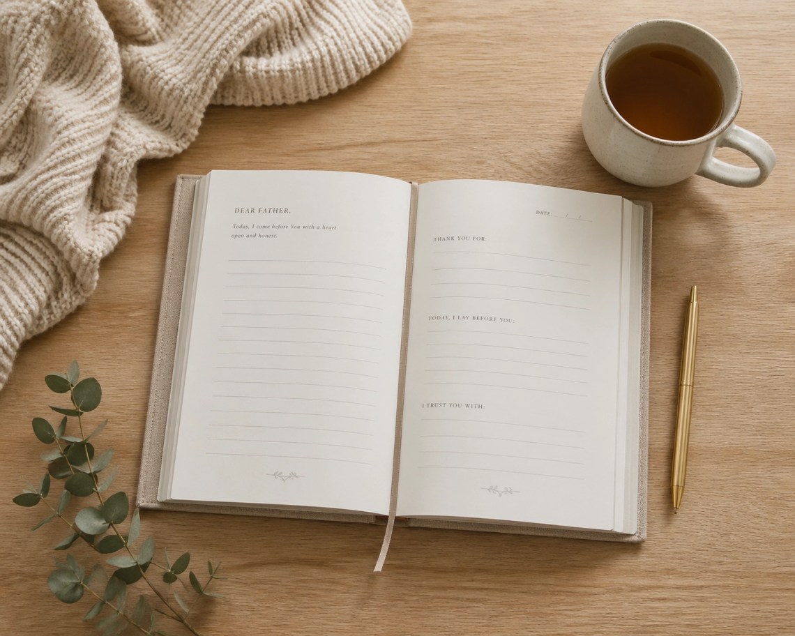 An open linen journal and gold pen on a table, highlighting the power of faith journaling to find healing.
