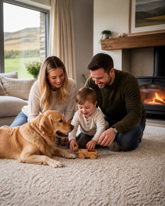 A happy family and their dog playing on a clean carpet
