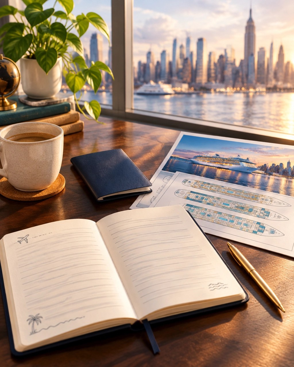 Warm travel-planning desk beside a window overlooking the New York City skyline