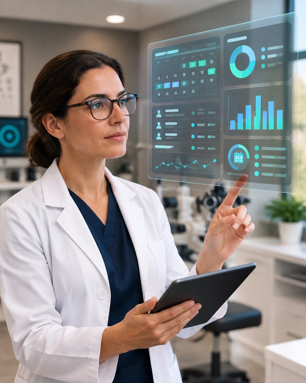 Healthcare clinician reviewing a structured recruitment and scheduling dashboard within a managed clinical environment