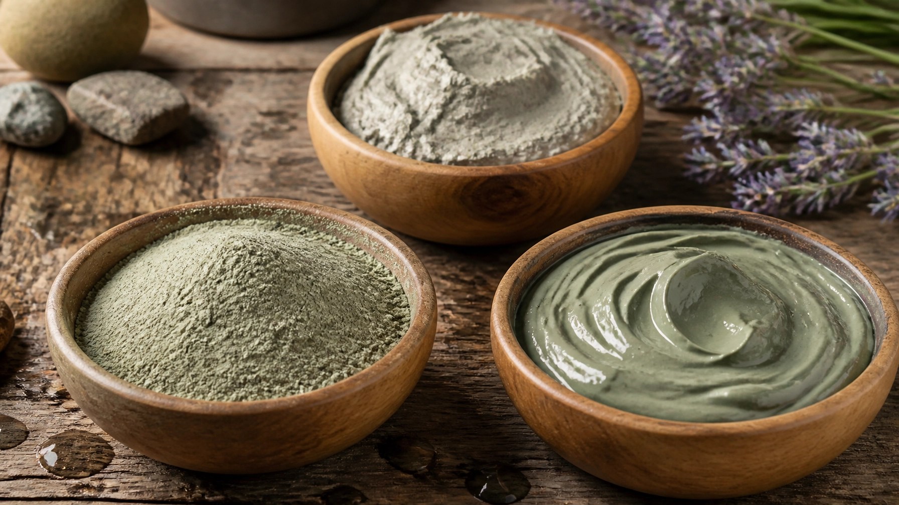 Different textures and types of natural healing clay in bowls
