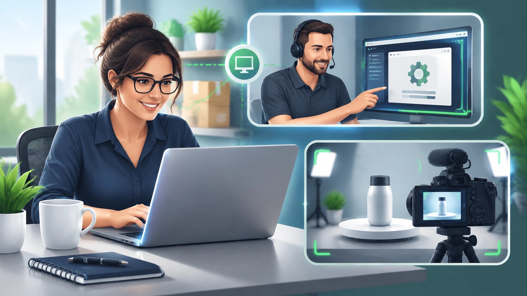 Illustration of a small business owner working remotely with secure IT support and a product creator preparing a video shoot