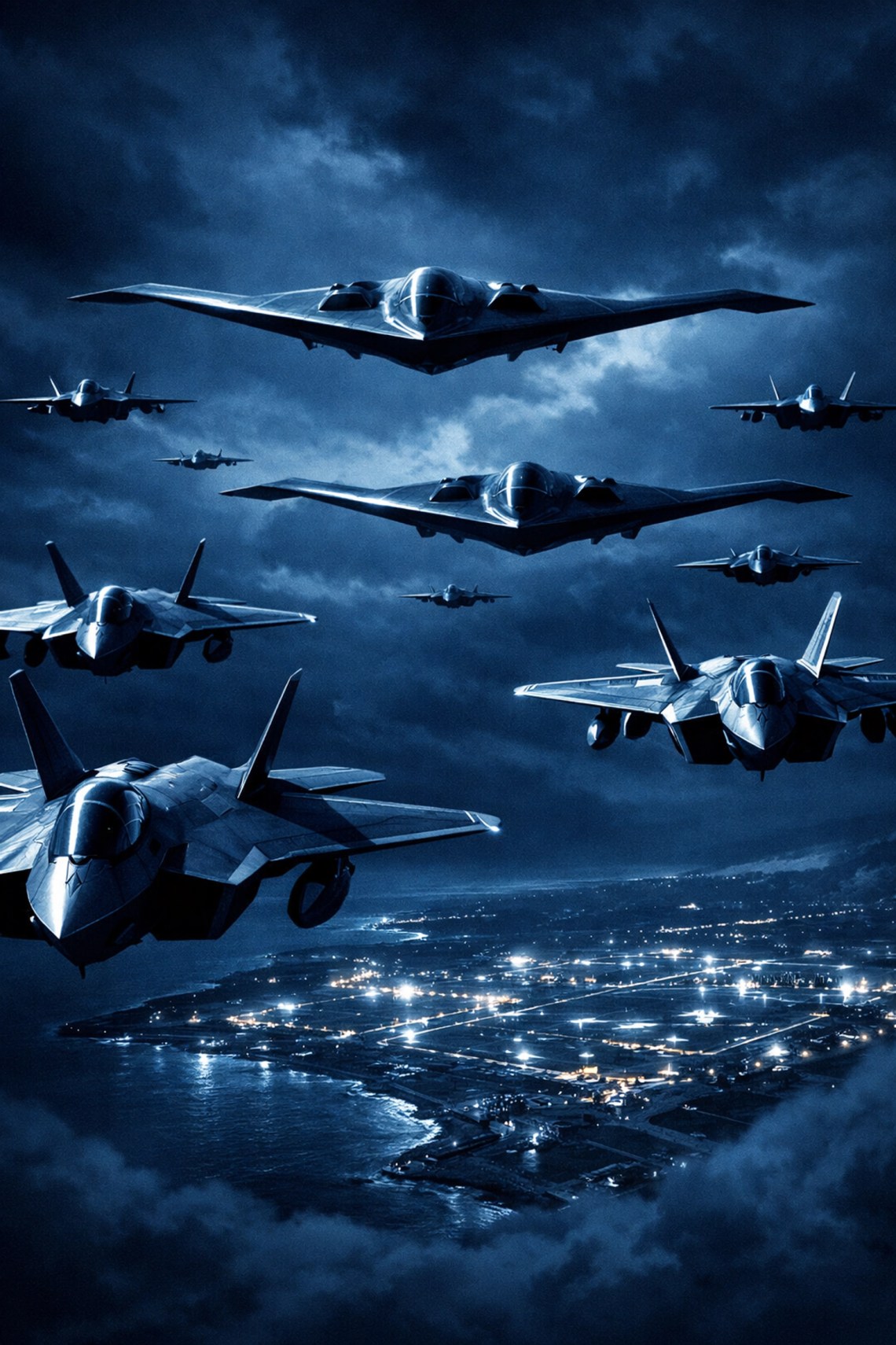 US military stealth jets and bombers flying in formation over a coastal base during Iran strikes.