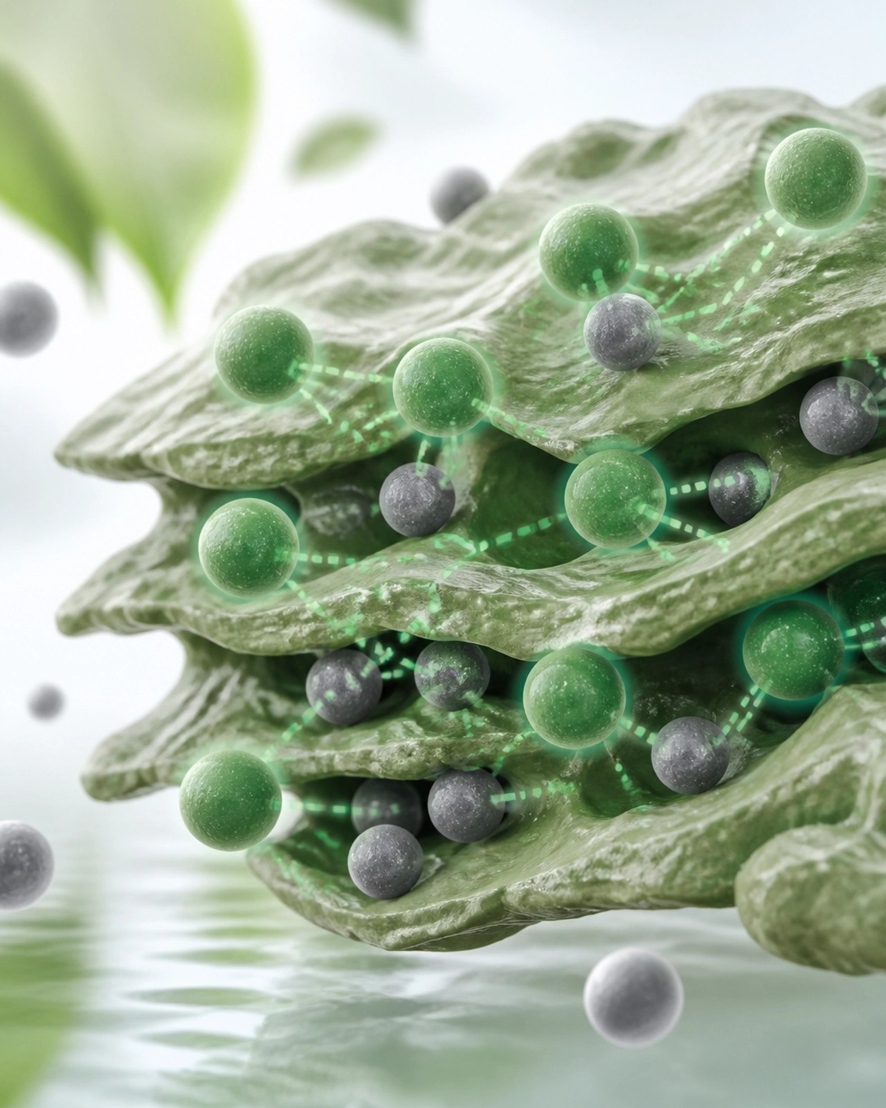Abstract scientific illustration of clay ions trapping toxins