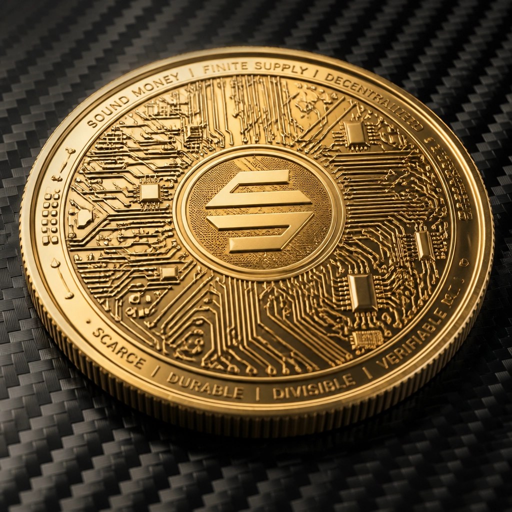 A close-up 3D render of a stylized gold coin with a circuit-board pattern etched into its surface