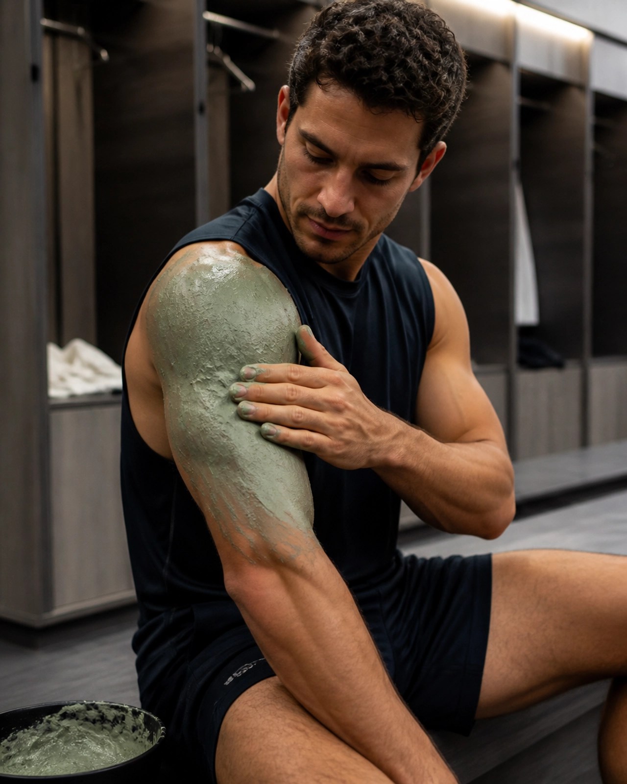 A professional athlete applying green clay to a sore shoulder for faster recovery.