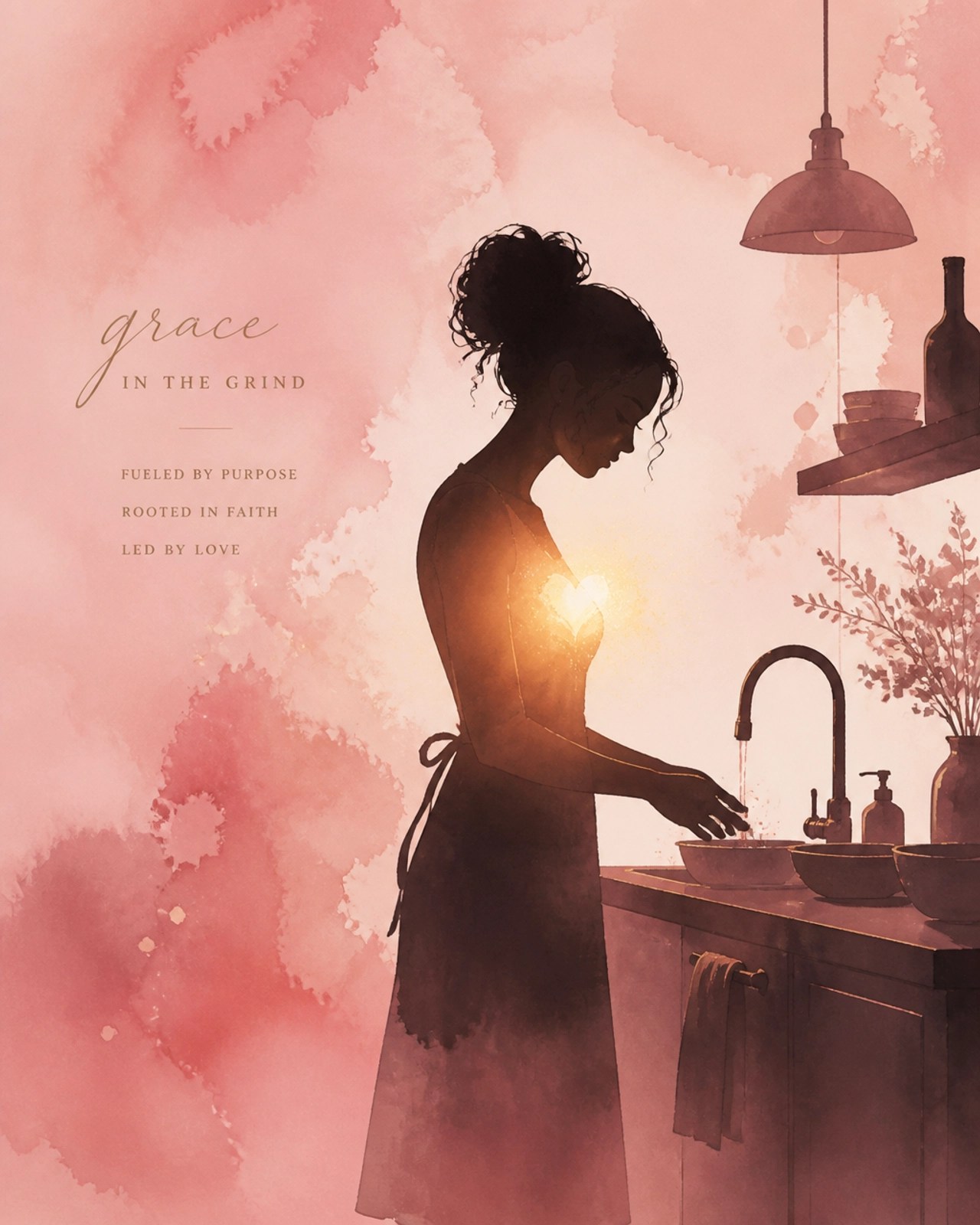 A minimalist silhouette of a woman standing at a kitchen sink, a soft warm glow emanating from her chest.